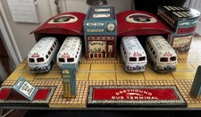 Vintage Tin Litho Greyhound Bus Station  4 Buses