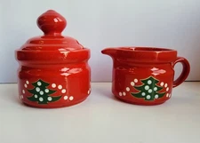 Waechtersbach W. Germany Red Christmas Tree Holiday Lidded Sugar & Creamer Set