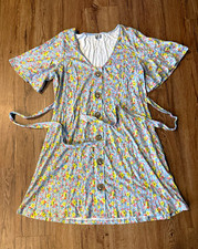#0071 Blue Floral Button Front Belted Flutter Sleeve V-Neck Dress Women’s S