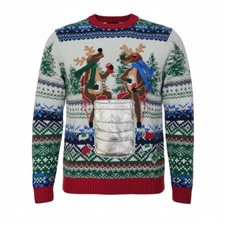 Blizzard Bay Moose Drinking Beer Christmas Sweater With Bottle/Can Pocket Size M