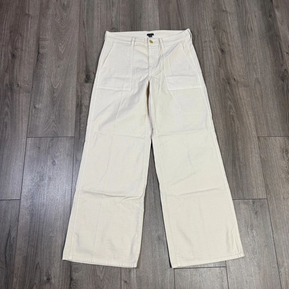 Calça J.Crew Camp bolso perna larga tamanho 27 natural cintura alta elástica zíper mosca alargada - Imagem 4 de 4