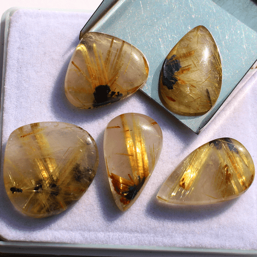 5 Pcs Natural Hematite Star Golden Rutile Quartz 17-22mm Pear Cabochon Gemstones - Picture 5 of 12