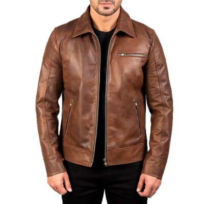 Cafe Racer Men's Leather Jacket Moto Brown Genuine Sheep skin Leather