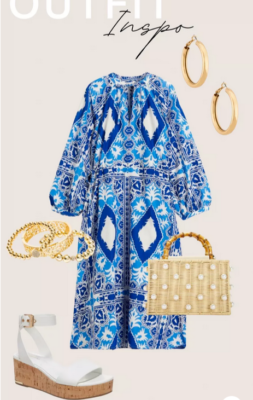H&M Blue White Tile Print Balloon Sleeve Midi Summer Kaftan Dress size M 12  14 | eBay