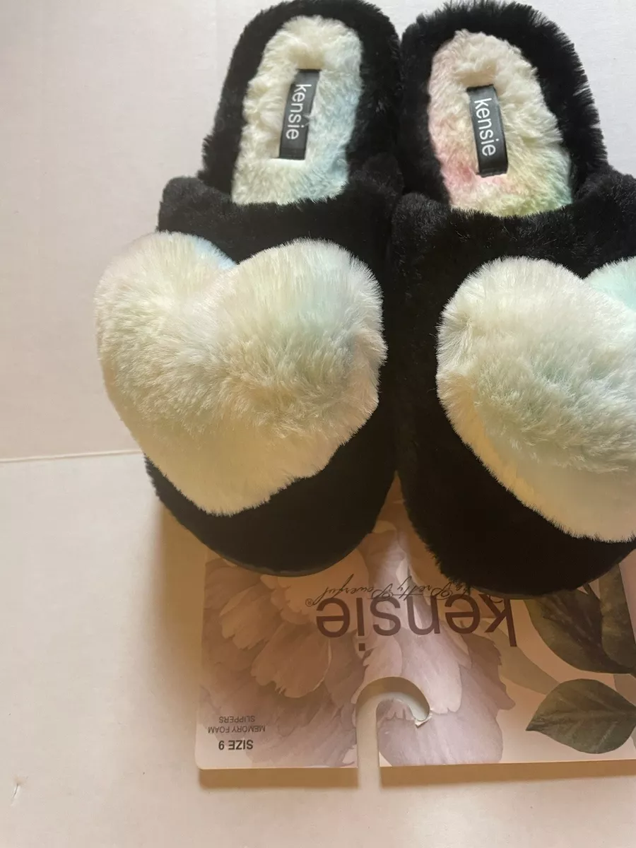 Kensie size 9 Slipper Black Rainbow Heart Pompom Memory Foam