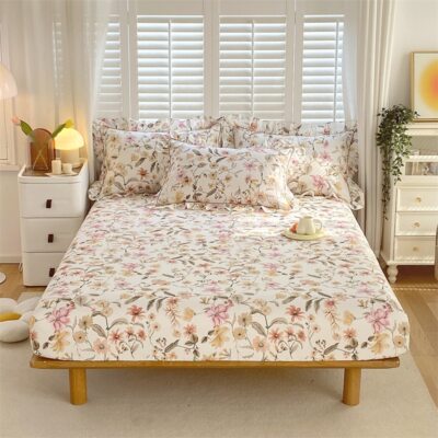 1 pc 100%Cotton Fitted Sheet Floral Flower Printed Bed Cover with Elastaic