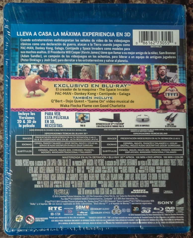 NEW Pixels (Blu-ray + 3D + DVD, 2015, 3-Disc Set Mexico Import) Adam Sandler Foto 2 de 2