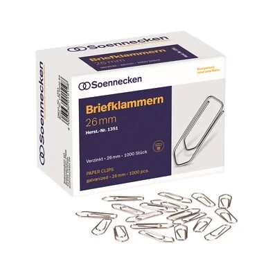 SOENNECKEN 1000 Büroklammern 26mm verzinkt Briefklammern Aktenklammern Klammern 1351