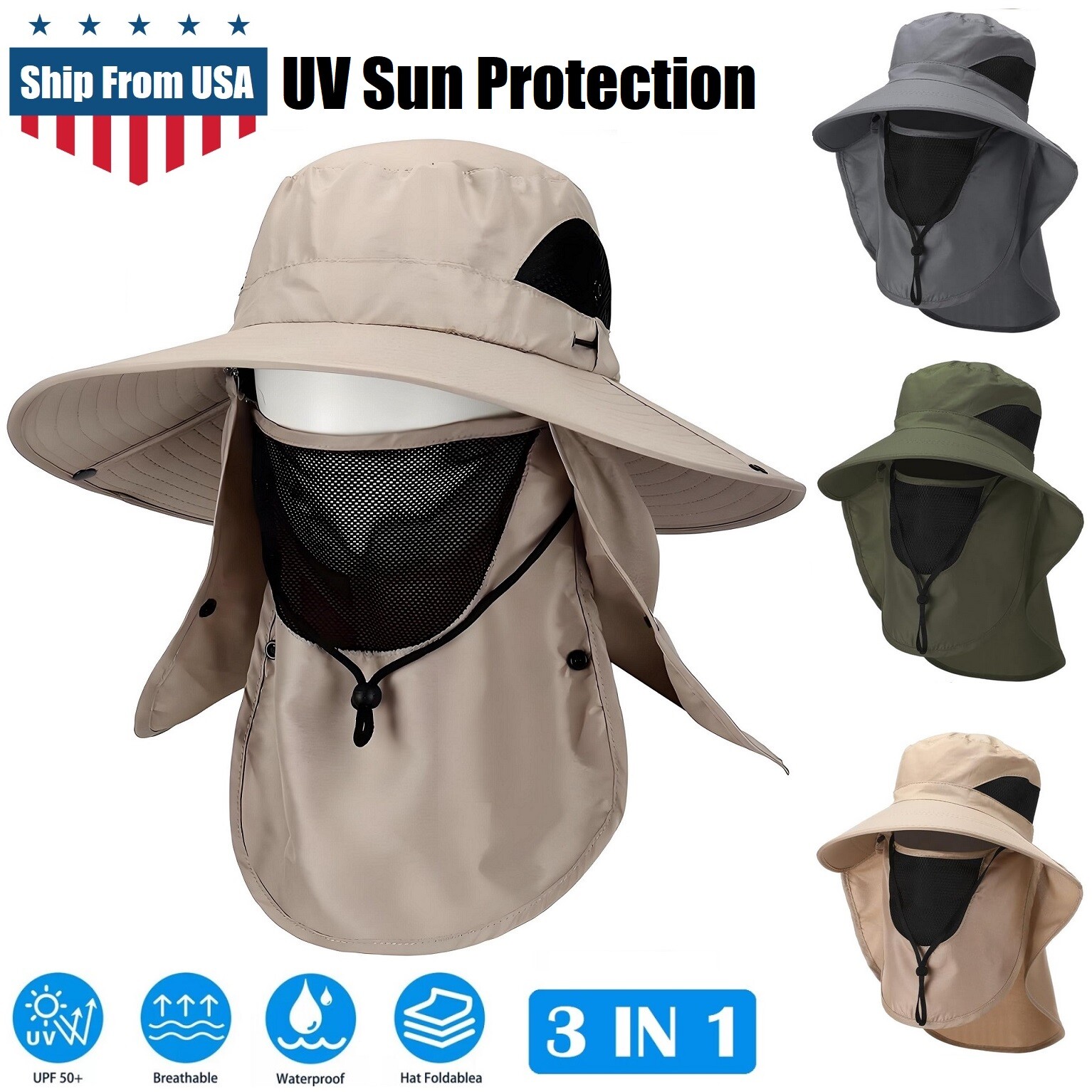 UV Sun Protection Fishing Hat with Wide Brim Face Cover & Neck Flap Unisex USA