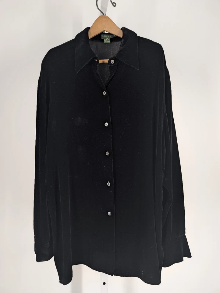 Camisa J Crew De Colección Años 90 Hecha en EE. UU. Terciopelo Aplastado Rayón Seda Talla Grande Negra M Foto 2 de 4
