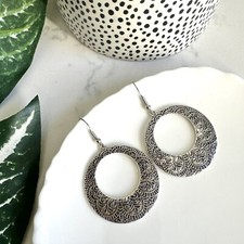 Antiqued Silver Earrings Hoop Circle Disc Ornate Design Geo Boho Western NEW