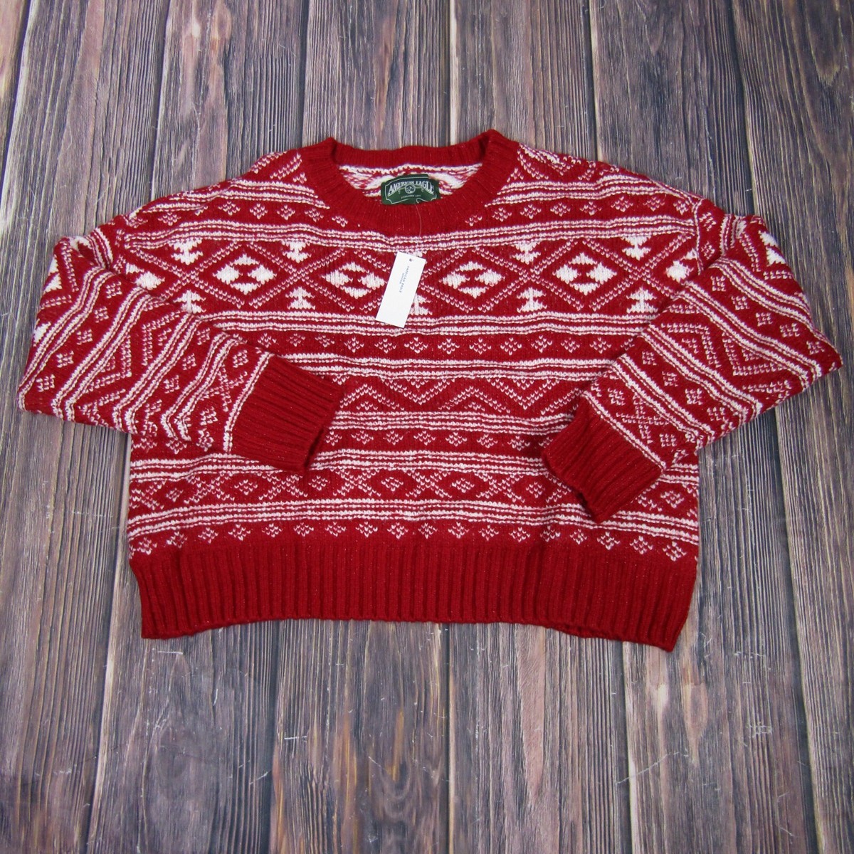 American Eagle NEW NWT Womens Large Red Fair Isle Crewneck Sweater 