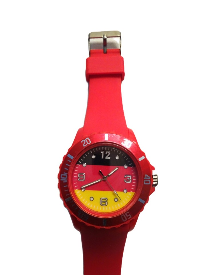 Large Face Red Silicone Watch Yellow Quartz Second Hand New