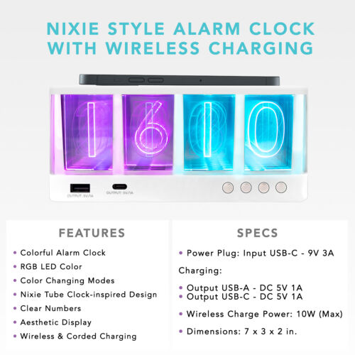 Vintage Glow Alarm Clock & Wireless Charger Station - Nixie Style Clock - White - 第 3/8 張圖片
