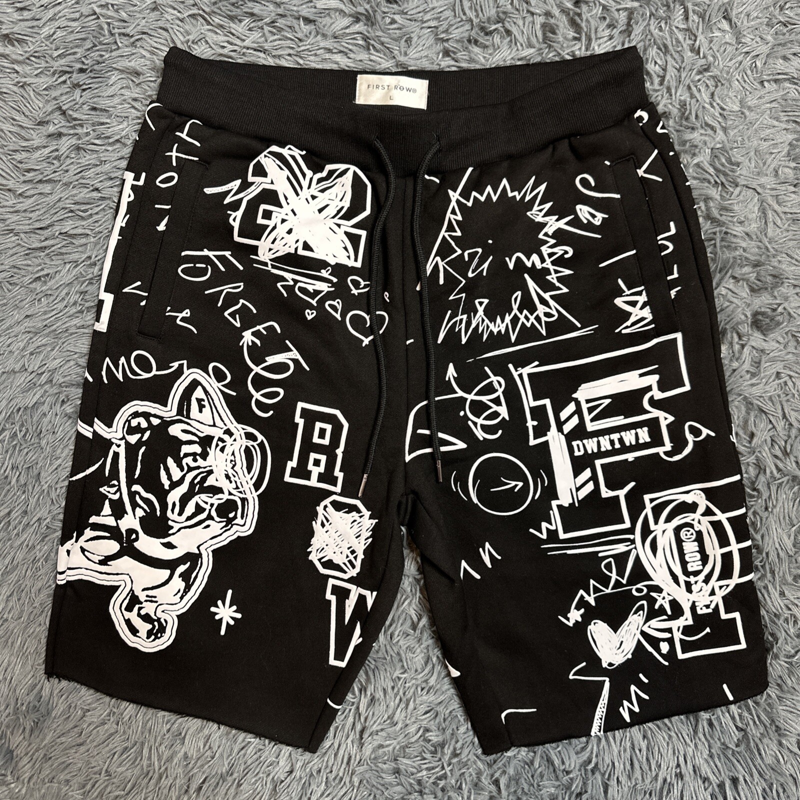 Pantaloncini felpati prima fila uomo grandi neri in rilievo hip hop stampa grafica AOP EUC