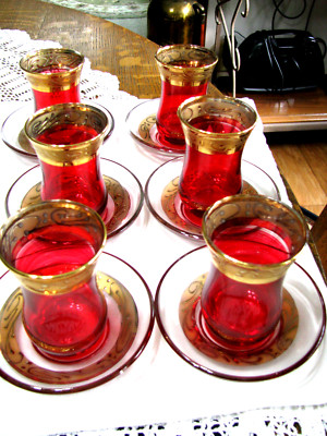 Vint Pasabahce,Istanbul 24K Gold & Cranberry Glass Tea, Coffee, Drink Set*SALE*