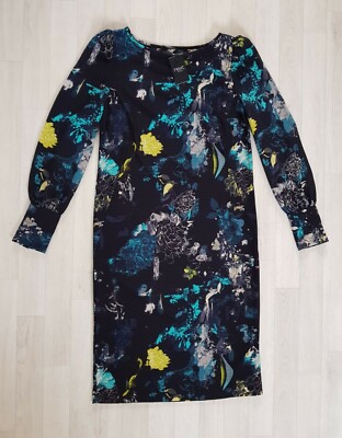 NEXT size 8 tall PATTERNED SHIFT DRESS ladies TURQUOISE party LONG SLEEVES 