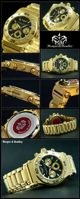 schwere Herrenuhr Chronograph Edelstahl massiv vergoldet Morgan Headley  MH-690