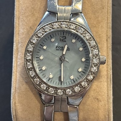 Q72 Fossil Blue Stainless Steel Womens Watch Rhinestones Bezel Unique Untested**