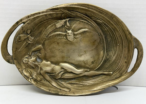 Antique Art Nouveau Brass Nude Woman Owl Moon Tray