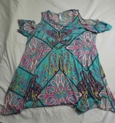 Paisley Grace Tunic Top Womens XL Blue Pink Paisley Sharkbite Boho Psychedelic