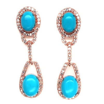 925 Sterling Silver Blue Turquoise & Cubic Zirconia Birthstone Jewelry Earrings