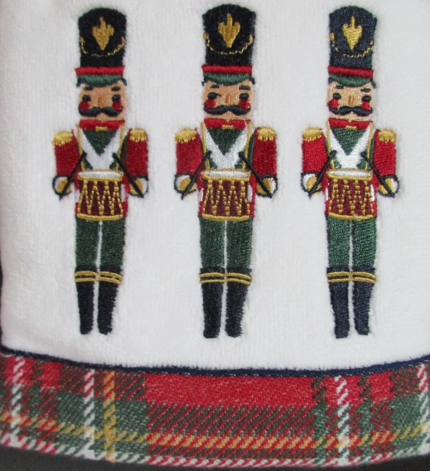 CARO Hand Towels 2PC Set Christmas Soldier Drummer White + Red Green Plaid Trim - Image 3 of 4