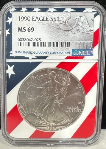 1990 $1 AMERICAN SILVER EAGLE NGC MS69 USA FLAG CORE HOLDER