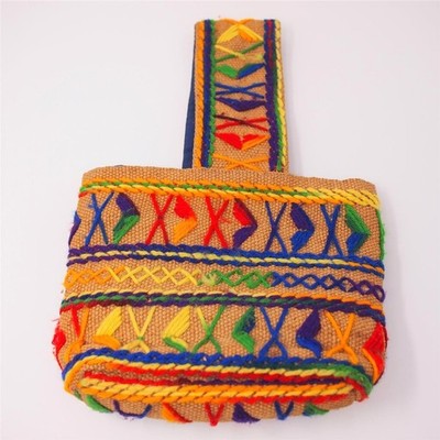 vtg HANDMADE Mod Yarn Embroidery Burlap Tote Purse Bag Boho Hippie Cottagecore