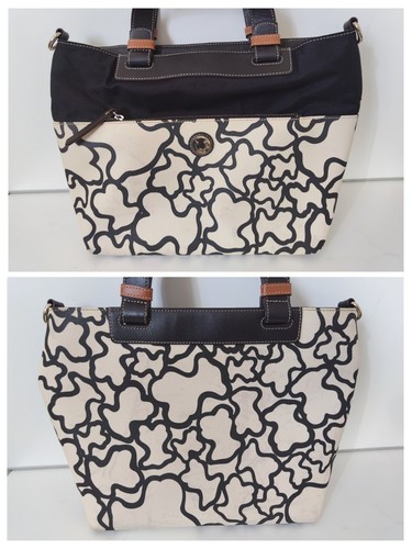 TOUS 2 vías Bolso de Hombro Cartera Lona Patrón de Oso Beige Negro Correa de Mano - Imagen 7 de 9