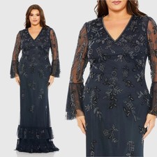 NWT MAC DUGGAL Navy V Neck Embellished Long Sleeve Gown Dress 9239 24W