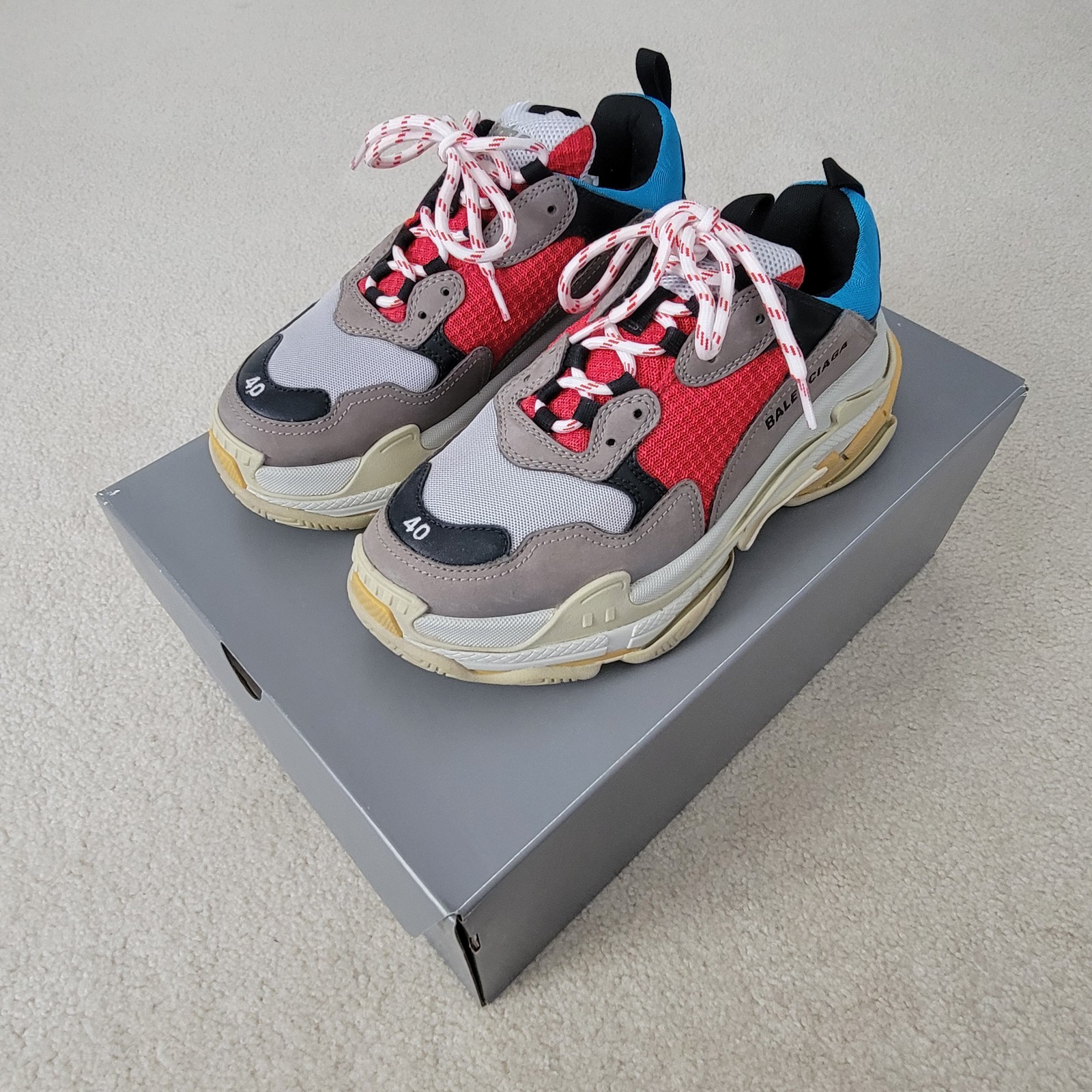 Balenciaga Triple S Grey/Red/Blue Sneakers Size EU 40 US 7 Men w/ Box & Dust Bag