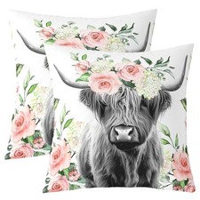 Highland Cow Pillow Covers 18x18 Set of 2 Highland Cattle Floral Decorative T...