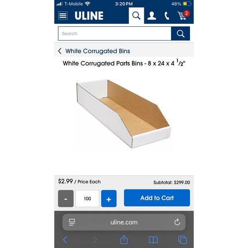 100 Pack S-2720 Uline White Corrugated Parts Bin 8 x 24 x 4.5" Great Storage Bin - Picture 6 of 7