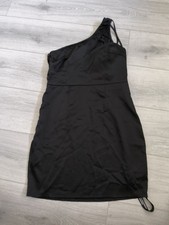 BNWT PLT Black Satin One Shoulder Lace Up Strap Detail Bodycon Dress Size 10