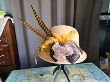 OOAK Beige Wool Felt Cloche Hat Women's Solid Feather  Bow Accent Sz Small