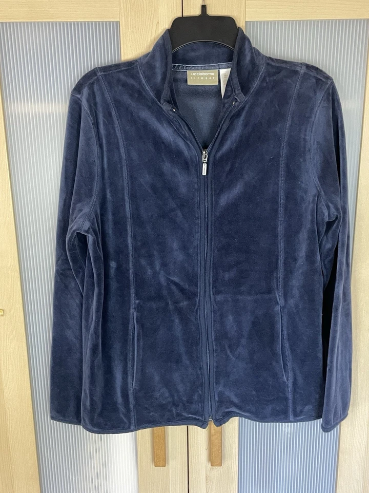 VTG Liz Claiborne Womens Velour Tracksuit Sz L Blue Jacket Pants 90s Y2K Sporty - Image 3 of 4