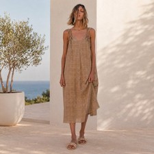 Zara Cotton Summer Midi Dress Womens Small Tie Boho A-Line Costal Chic Tan Beige