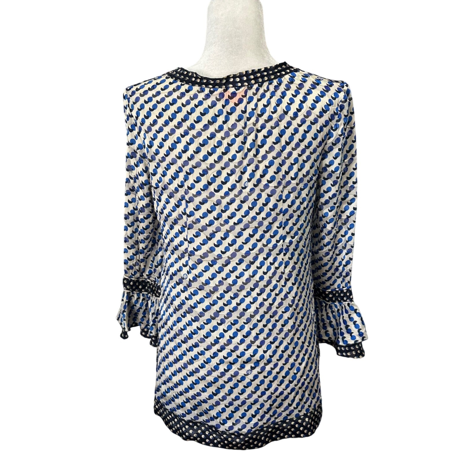 Tory Burch Womens Tunic Top Sz 4 Boho Geometric 3/4 Ruffle Sleeve Tassel Silk Bl thumbnail 8