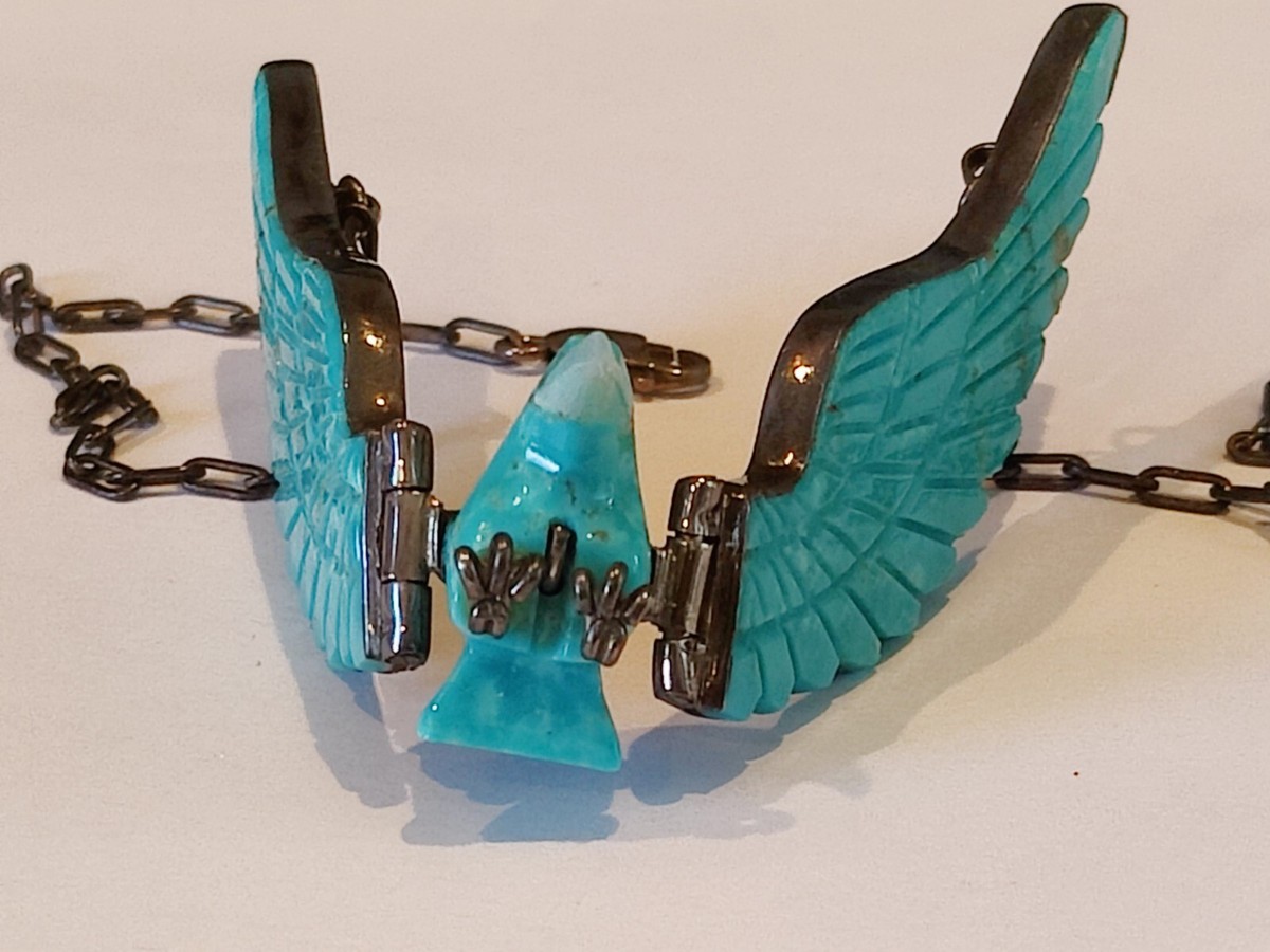 NAVAJO EAGLE Necklace VTG. Sterling & Turquoise by H Spencer