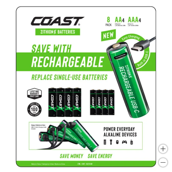 COAST USB-C Rechargeable Lithium Batteries, 8-Count (AA/AAA, 4ea