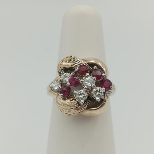 Designer HL Mfg 14K Yellow Gold Round Diamond & Ruby Knot Cocktail Ring Size 4.5 - Picture 10 of 12