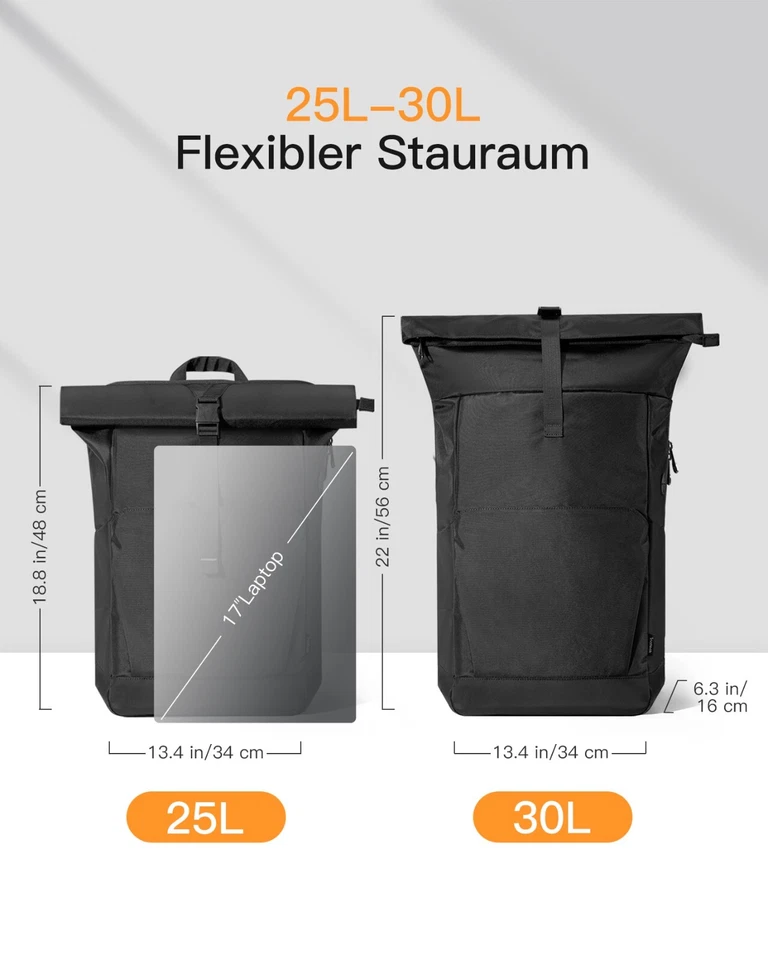 Inateck RollTop Rucksack 25L-30L Tagesrucksack 17 Zoll Laptops Fahrrad Schulruck - Bild 2 von 4