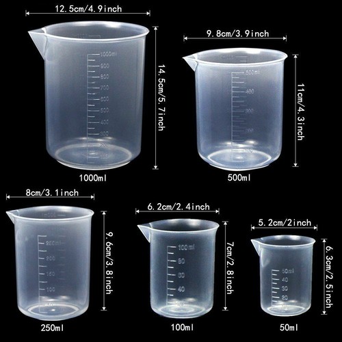 Lab Plasticware Set,4 Clear Plastic Graduated Cylinders with 5 Beakers +1 Brush - Picture 2 of 7