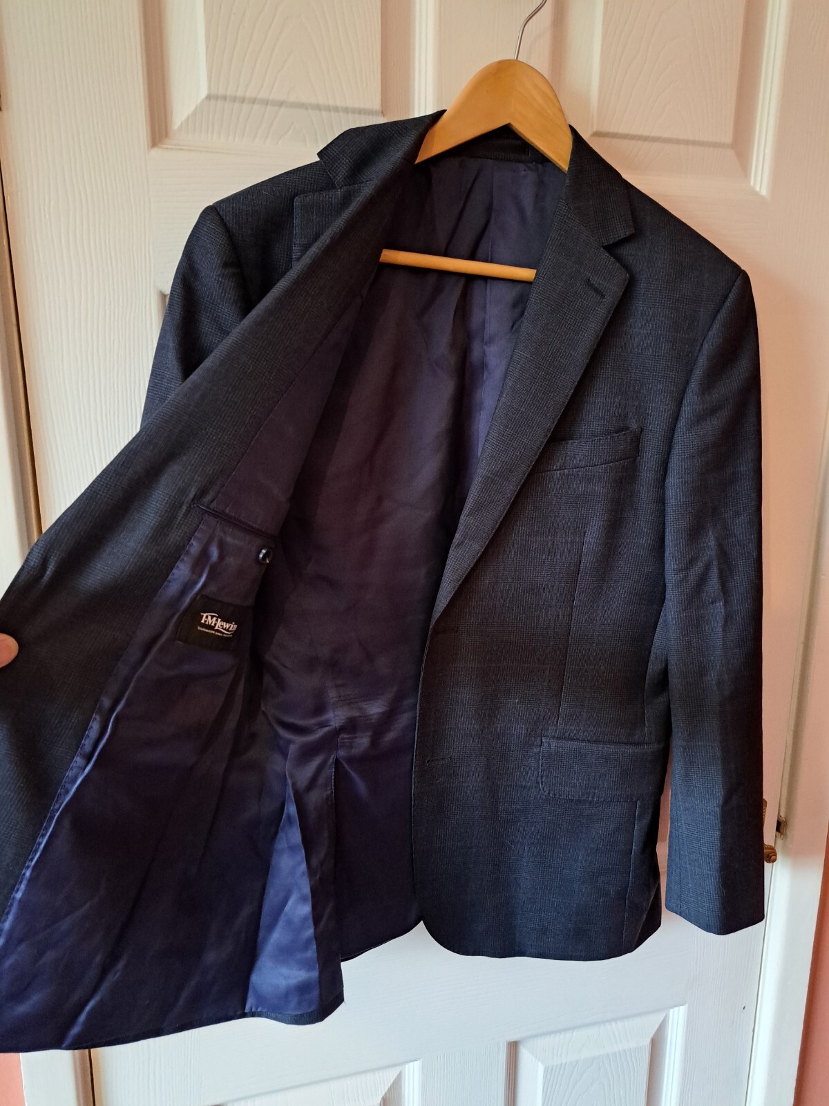 Tuta TM Lewin blu navy a quadri UK 38 corta Savile fila lana 2 pezzi London Jermyn