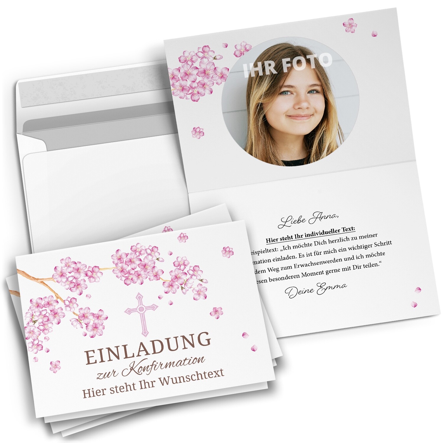 10 Einladungskarten Konfirmation personalisiert mit Foto & Text & Umschläge