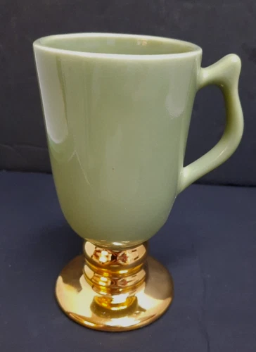 Vintage HALL 1273 Irish Coffee Mug Green w/Gold Pedestal Foot 8 oz 6" T Ceramic