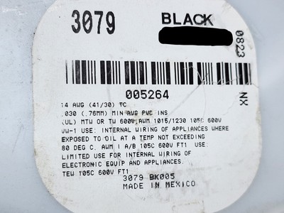 Alpha Wire 3079 #14awg Premium Tinned Copper Hook-Up/Lead Wire 600V Black /25ft