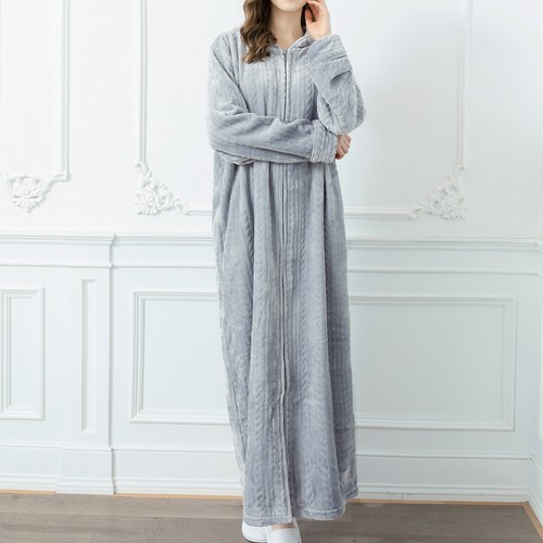Women's Long Sleeve Robe Hooded Fleece Bathrobe Zipper Soft Plush Long Housecoat - Picture 12 of 17