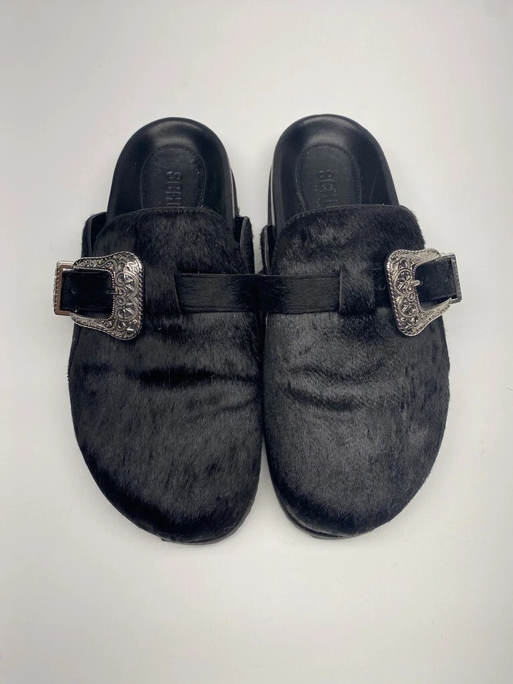 Schutz Mujer Grace Cuero Negro Hebilla Plateada Plana Talla 6 Foto 3 de 4